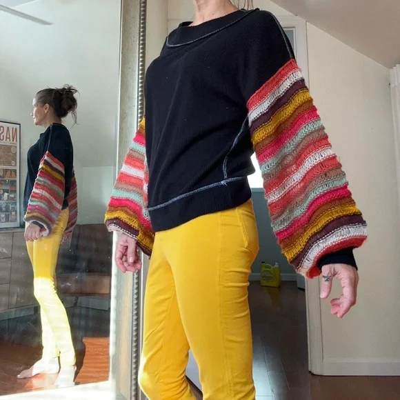 We The Free Black Sweater with Multicolor Striped Sleeves - Picture 3 of 5